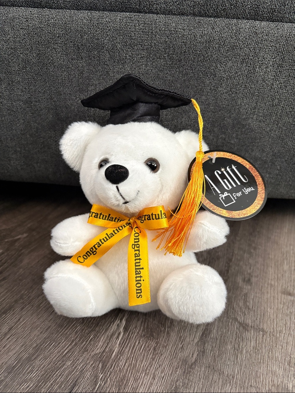 Graduation Plush Bear - White Bear with Yellow Ribbon and Black Cap